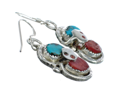 Turquoise Coral Zuni Effie Calavaza Silver Snake Hook Earrings NN20350